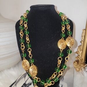 "SOLD" Elegant Gold and Green Beaded Necklace
